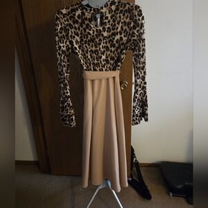 Leopard Print and Tan Long Sleeve Maxi Dress